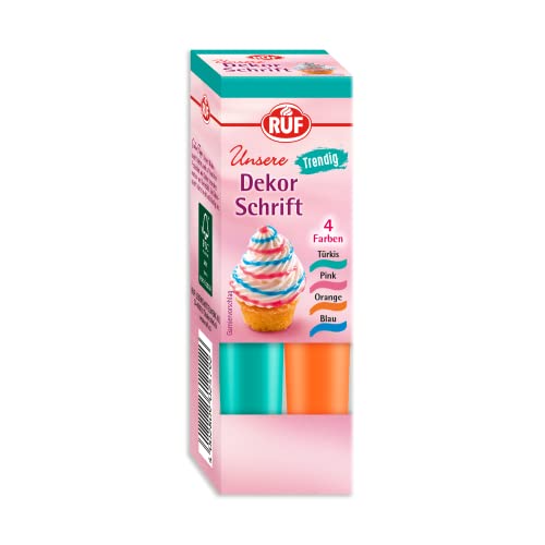 RUF Zucker-Schrift, 4 Tuben Dekor-Schrift in Türkis, Pink, Orange & Blau, zur Beschriftung von Glasur, Zuckerguss und Fondant, Tortendeko für Weihnachtsplätzchen, 4 x 25g RUF Zucker-Schrift, 4 Tuben Dekor-Schrift in Türkis, Pink, Orange & Blau, zur Beschriftung von Glasur, Zuckerguss und Fondant, Tortendeko für Weihnachtsplätzchen, 4 x 25g von RUF