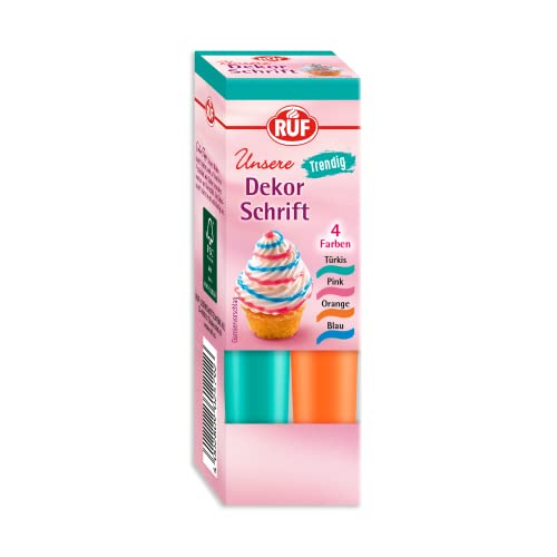 RUF Zucker-Schrift in bunten Trend-Farben, 4 Tuben Dekor-Schrift in Türkis, Pink, Orange & Blau, zum Verzieren von Torten, Muffins & Fondant, 4 x 25g von RUF