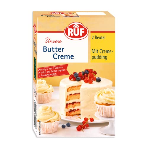 RUF Buttercreme mit Creme-Pudding, zum Eindecken & Garnieren von Torten & Cupcakes, fondant-tauglich, vielseitig anwendbar & glutenfrei, 2 x 70g von RUF
