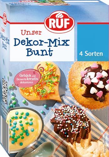 Dekor-Mix Bunt, 4 Sorten bunte Streusel mit Zucker-Streuseln, Zucker-Herzen, bunten Crispies und Nonpareilles zum Verzieren und Dekorieren von Plätzchen, Muffins, Eis und Desserts von RUF