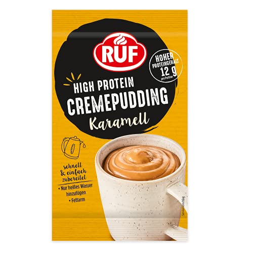 RUF High Protein Cremepudding Karamell, Karamell-Pudding aus der Tasse, 13g Protein pro Portion, einfache Zubereitung ohne Kochen, glutenfrei, 1 x 59g von RUF