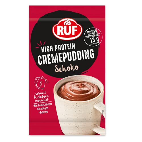 RUF High Protein Cremepudding Schoko, Schoko-Pudding aus der Tasse mit 13g Protein pro Portion, einfache Zubereitung ohne Kochen, glutenfrei, 1 x 59g von RUF