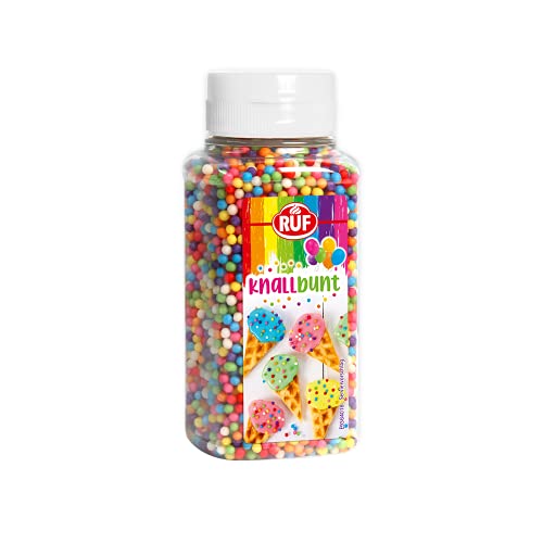 RUF Knallbunte Knusper-Kugeln, essbares Streu-Dekor in knallbunten Farben, bunte Crispies zum Verzieren von Eis, Kuchen, Torten & Muffins, 1 x 125g von RUF