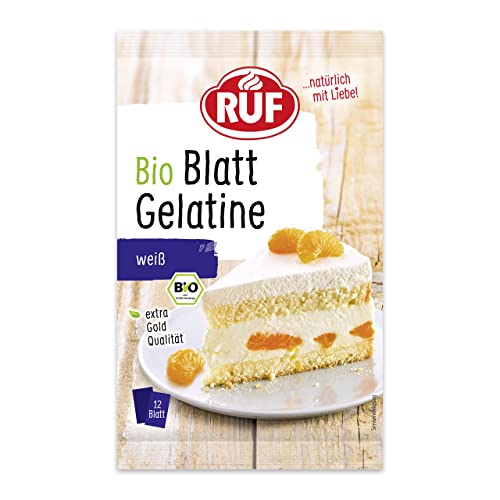 RUF Bio Blatt Gelatine klar, extra Gold Qualität, echte Bio Qualität aus EU Landwirtschaft, zur Verwendung in kalten und warmen Speisen, glutenfrei, 1x12 Blatt von RUF