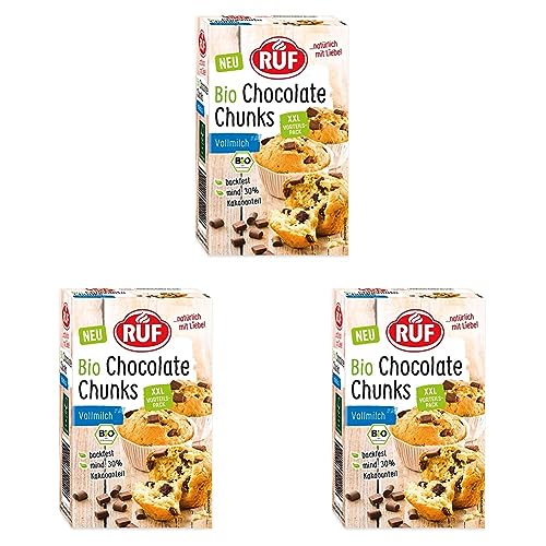RUF Bio Chocolate Chunks Vollmilch, backfeste Milchschokoladen-Tropfen in Bio-Qualität, XXL Schoko-Drops zum Backen, Bio-Backartikel, glutenfrei, 1x175 g (Packung mit 3) von RUF