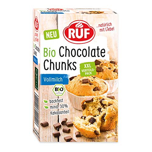 RUF Bio Chocolate Chunks Vollmilch, backfeste Milchschokoladen-Tropfen in Bio-Qualität, XXL Schoko-Drops zum Backen, Bio-Backartikel, glutenfrei, 1x175 von RUF