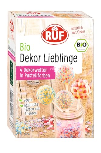 RUF Bio Dekor Lieblinge, Dekor-Mix 4 Sorten bunte Back-Dekoration mit Zucker-Streuseln, Zucker-Perlen & Zucker-Herzen, ohne künstliche Farbstoffe, vegan, 140g von RUF