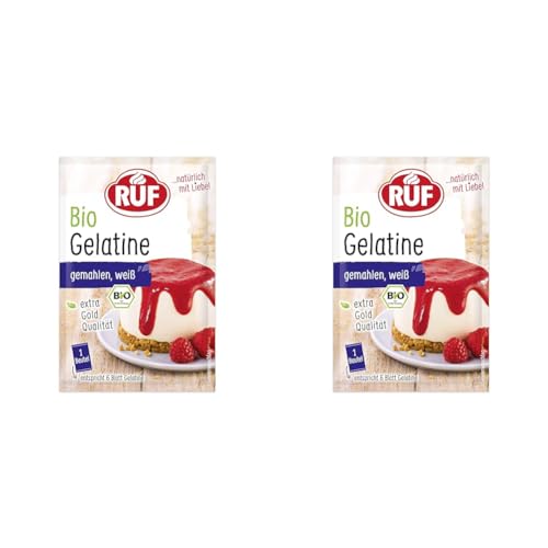 RUF Bio Gelatine gemahlen, extra Gold Qualität, Gelatine vom Schwein aus kontrolliert biologischen Anbau, 1 Beutel entspricht 6 Blatt Gelatine, glutenfrei, 3x9g (Packung mit 2) von RUF