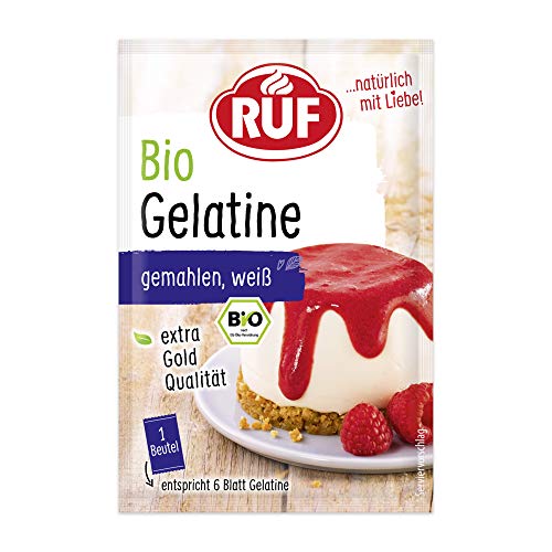 RUF Bio Gelatine gemahlen, extra Gold Qualität, Gelatine vom Schwein aus kontrolliert biologischen Anbau, 1 Beutel entspricht 6 Blatt Gelatine, glutenfrei, 3x9g RUF Bio Gelatine gemahlen, extra Gold Qualität, Gelatine vom Schwein aus kontrolliert biologischen Anbau, 1 Beutel entspricht 6 Blatt Gelatine, glutenfrei, 3x9g von RUF