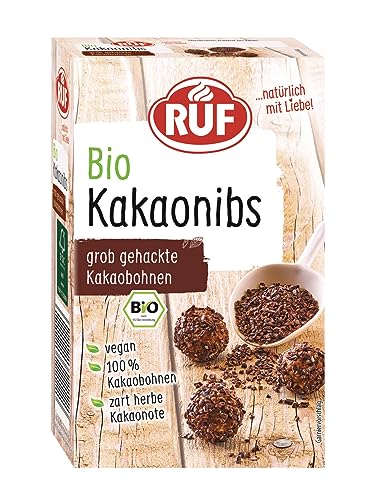 RUF Bio Kakao Nibs, 100% grob gehackte Kakao-Bohnen, mit zart herber Kakao-Note, vegan & in Bio-Qualität, als Topping für Bowls & Desserts, 1 x 150g von RUF