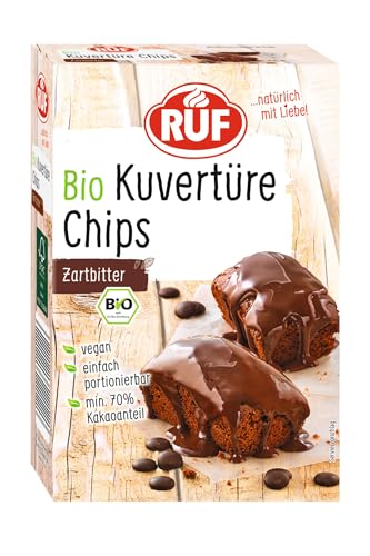 RUF Bio Kuvertüre-Chips Zartbitter, mit mind. 70% Kakaoanteil, zum Glasieren & Dekorieren von Kuchen, Torten & Keksen, glutenfrei & vegan, 1 x 150g von RUF