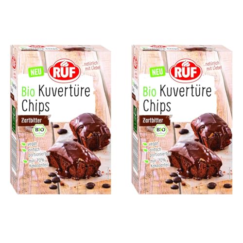 RUF Bio Kuvertüre-Chips Zartbitter, mit mind. 70% Kakaoanteil, zum Glasieren & Dekorieren von Kuchen, Torten & Keksen, glutenfrei & vegan, 1 x 150g (Packung mit 2) von RUF