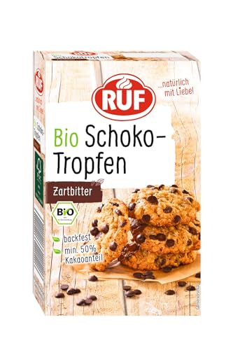 RUF Bio Schoko Tropfen Zartbitter, mind. 50% Kakaogehalt, backfeste Schokostückchen in Bio-Qualität, Bio Backartikel, glutenfrei und vegan von RUF