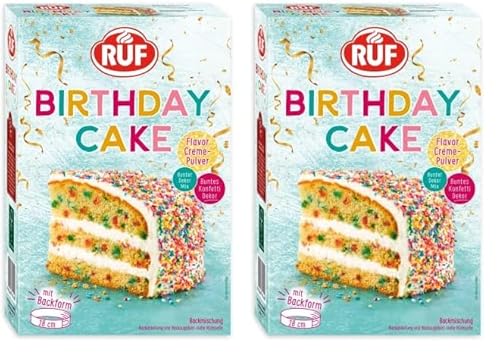 RUF Birthday Cake, Geburtstagskuchen, Schicht-Torte aus Rührteig und Konfetti-Streusel, Tortencreme und buntem Dekor-Mix, für Kindergeburtstag, Familienfeier, Einschulung, 1x425g (Packung mit 2) von RUF