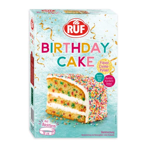 RUF Birthday Cake, bunter Geburtstags-Kuchen, heller Rührteig mit Konfetti-Dekor, lockerer Tortencreme und buntem Dekor-Mix, für Kindergeburtstage, Familienfeiern und zur Einschulung, 1x425g von RUF