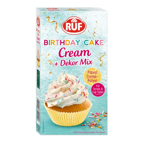 RUF Birthday Cake Cream, Cream-Pulver für eine lockere Torten-Creme in Geburtstags-Kuchen mit Vanille-Karamell-Geschmack & buntem Dekor-Mix, 1 x 110g von RUF