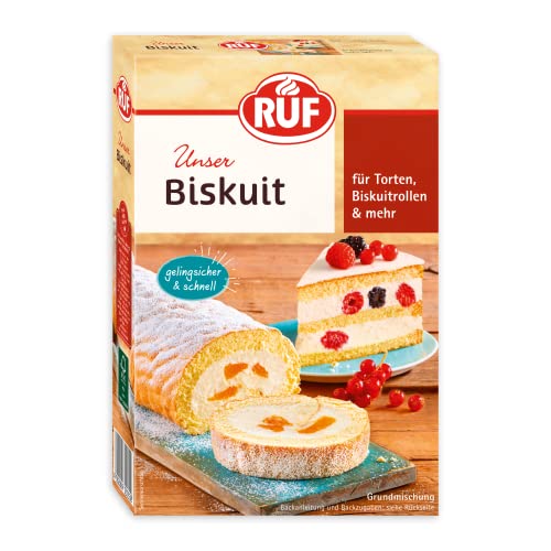 RUF Biskuit Teig, Backmischung für einen saftigen Biskuitteig, gelingsicher und schnell zubereitet, zur Herstellung von Biskuitrollen, Biskuitkuchen oder Tortenboden, 1 x 250g von RUF