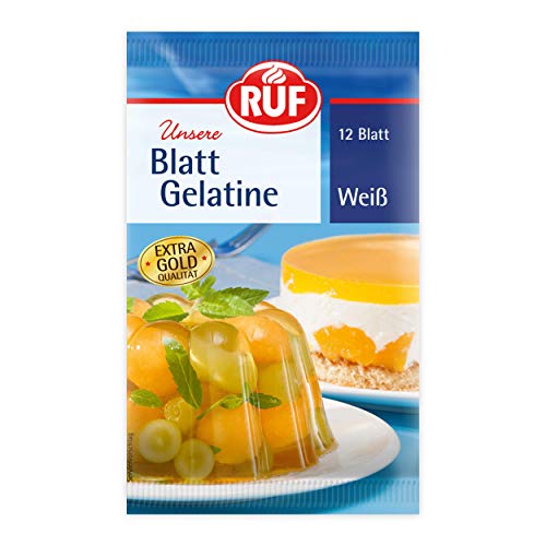 RUF Blatt Gelatine weiß, Speisegelatine zum Gelieren, Verdicken, Stabilisieren und Emulgieren, einfache Anwendung, glutenfrei, 1x12 Blatt RUF Blatt Gelatine weiß, Speisegelatine zum Gelieren, Verdicken, Stabilisieren und Emulgieren, einfache Anwendung, glutenfrei, 1x12 Blatt von RUF