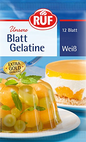 RUF Blattgelatine klar, extra gold Qualität, zum Festigen von Tortencreme, Gelee und Desserts, lange Haltbarkeit, glutenfrei, 1er Pack (1x12 Blatt) von RUF
