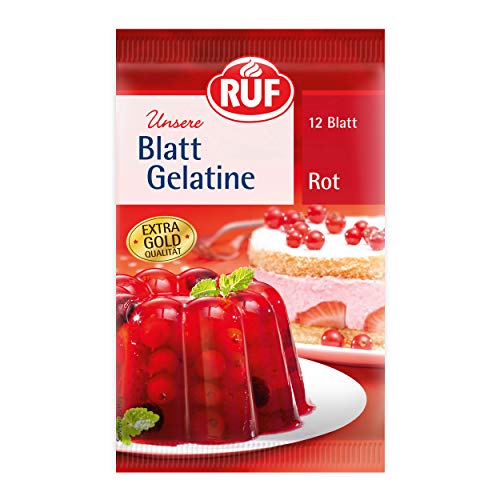 RUF Blattgelatine rot, mit echtem Karmin, zur Verwendung bei Überzügen, beim Gelieren, für Füllungen, Desserts und Backwaren, glutenfrei, 50er Pack (50x12 Blatt) von RUF