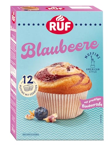 RUF Blaubeer-Muffins Backmischung, fruchtige American Style Muffins mit Blaubeerfüllung, einfache Zubereitung, 12 Muffin-Förmchen inklusive von RUF