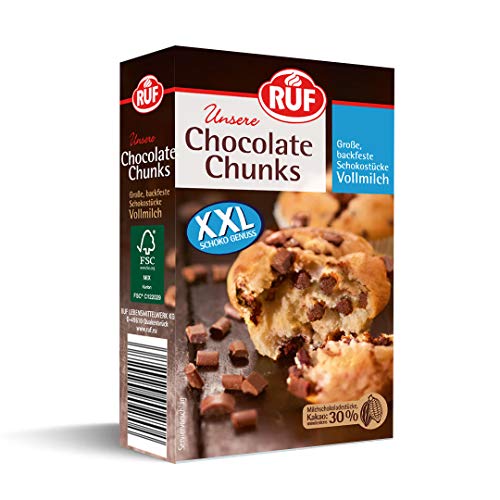 RUF Chocolate Chunks Vollmilch, backfeste Milchschokoladen-Tropfen, XXL Schoko-Stücke zum Backen, ideal für Muffins, Brownies und Cookies, glutenfrei, 12er Pack (12x100g) von RUF