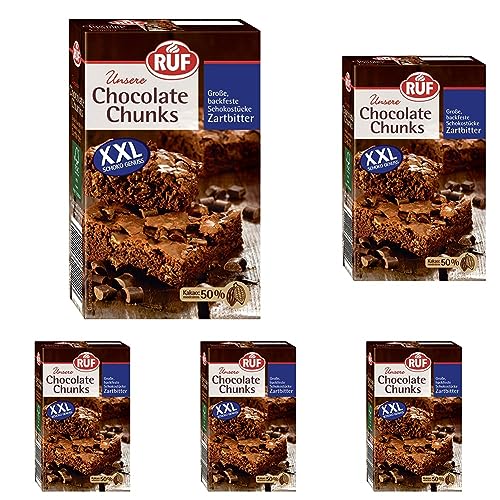 RUF Chocolate Chunks Zartbitter, backfeste, dunkle Schokoladen-Tropfen, XXL Schoko-Drops zum Backen, vegane Schokoladen-Stücke, glutenfrei, 1x100g (Packung mit 5) von RUF