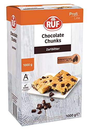 RUF Chocolate Chunks Zartbitter, backfeste, dunkle Schokoladen-Tropfen, XXL Schoko-Drops zum Backen, vegane Schokoladen-Stücke, glutenfrei, Großpackung 1x1000g von RUF