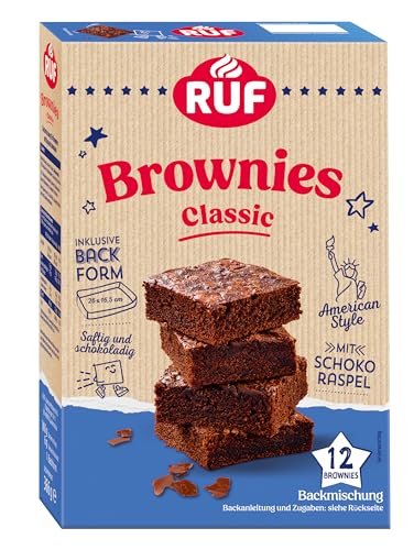 RUF Classic Brownies, Backmischung für saftig schokoladige Chocolate-Brownies im American Style mit Schoko-Raspel, inkl. Backform, 12 Brownies, 366g RUF Classic Brownies, Backmischung für saftig schokoladige Chocolate-Brownies im American Style mit Schoko-Raspel, inkl. Backform, 12 Brownies, 366g von RUF