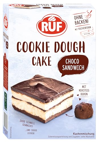 RUF Cookie Dough Schoko-Sandwich ohne Backen, Boden aus Keksteig mit fluffiger Creme und Schoko-Glasur, inkl. Kuchenform, 1x320g von RUF