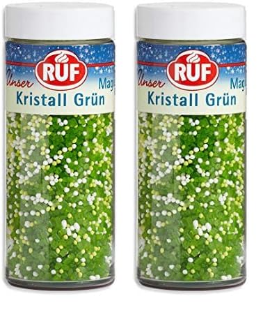 RUF Crystal Green Streusel, glänzende Torten-Deko, Zucker-Perlen in grün weiß und schimmernde grüne Zucker-Kristalle, zum Verzieren von Plätzchen, Cupcakes Deko (Packung mit 2) von RUF