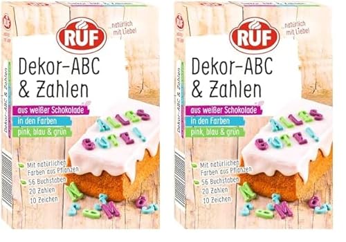 RUF Dekor ABC-Buchstaben und Zahlen, aus weißer Schokolade mit natürlichen Farben aus Lebensmitteln, in grün, pink und blau, glutenfrei, 1x32g (Die Verpackung kann variieren) (Packung mit 2) von RUF