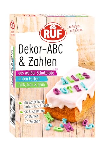 RUF Dekor ABC bunt, Zahlen & Buchstaben aus weißer Schokolade in Grün, Pink & Blau, zum Dekorieren von Torten, Kuchen & Desserts, glutenfrei, 1 x 32g von RUF