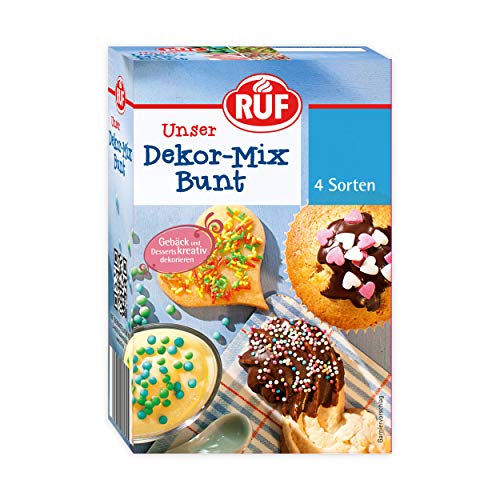 RUF Dekor-Mix Bunt, 4 Sorten bunter Back-Dekor mit Zucker-Streuseln, Zucker-Perlen & Zucker-Herzen, zum Verzieren und Dekorieren, 4er Pack, 4 x 160g von RUF