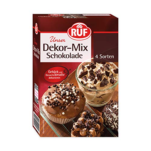 RUF Dekor-Mix Schokolade, 4 Sorten Schoko-Dekor in einer Packung, Schoko-Streusel, Schoko-Blättchen, Schokoperlen und Raspelschokolade, 8er Pack (8x160g) von RUF