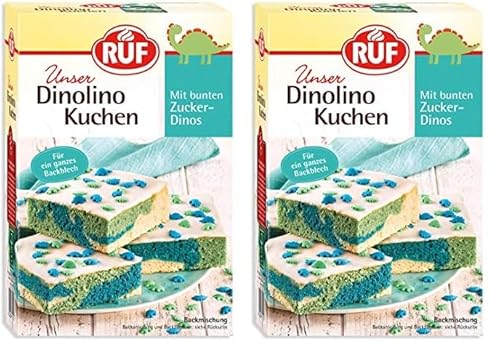 RUF Dinolino Kuchen, dreifarbiger Blechkuchen Zitronen-Geschmack mit Zuckerglasur und bunten Dino-Streuseln, perfekt für Kindergeburtstage und Babyshower-Partys, 850g (Packung mit 2) von RUF