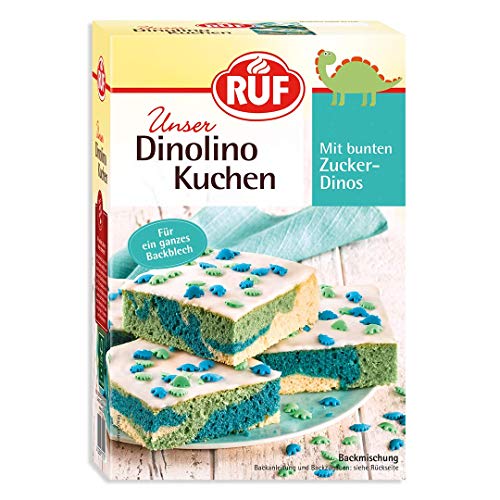 RUF Dinolino Kuchen, dreifarbiger Blechkuchen Zitronen-Geschmack mit Zuckerglasur und bunten Dino-Streuseln, perfekt für Kindergeburtstage und Babyshower-Partys, 850g von RUF