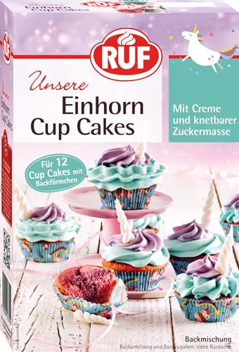 RUF Einhorn Cupcakes, Backmischung für 12 bunte Unicorn Cupcake mit bunter Tortencreme, weißer Fondant für ein Zuckerhorn, inkl. Backförmchen, 365g RUF Einhorn Cupcakes, Backmischung für 12 bunte Unicorn Cupcake mit bunter Tortencreme, weißer Fondant für ein Zuckerhorn, inkl. Backförmchen, 365g von RUF