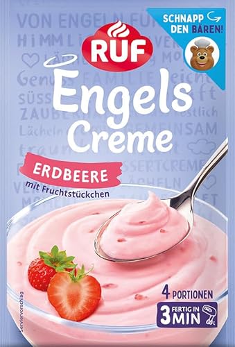 RUF Engels Creme Erdbeere, Dessertpulver für eine Dessertcreme mit Erdbeer-Geschmack und Frucht-Stückchen, 4 Portionen von RUF