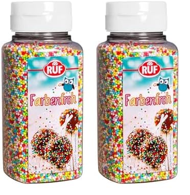 RUF Farbenfrohe Nonpareilles, Zucker-Perlen, Streu-Dekor in bunten Farben, Mini Zucker-Kugeln zum Verzieren von Eis, Torten & Muffins, 1 x 165g (Packung mit 2) von RUF