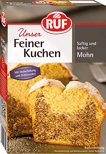 RUF Feiner Mohnkuchen, Backmischung für einen saftigen Rührkuchen mit herzhafter Mohnfüllung und Dekorzucker, 1x465g von RUF