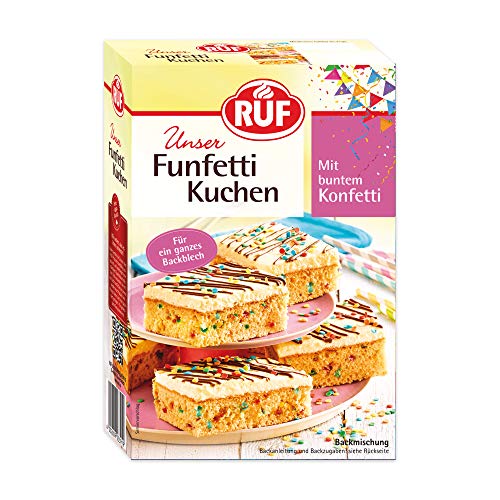 RUF Funfetti-Blechkuchen mit bunten Konfetti-Streuseln, Vanille-Creme und kakaohaltiger Pflanzenfett-Glasur mit Vollmilchpulver, 1 x 750g von RUF