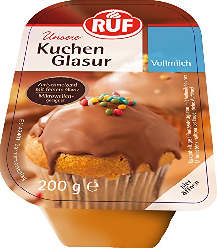 RUF Kuchen-Glasur Vollmilch-Schokolade, mikrowellengeeignet, im Becher, zum Glasieren von Kuchen, Torten & Muffins, glutenfrei, 12er Pack (12 x 200g) von RUF