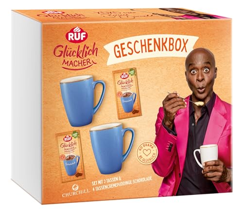 RUF Glücklichmacher Geschenkbox, 2 blaue Tassen & 4 Schokolade Creme-Puddinge, Geschenk-Set, schnelles Dessert, Geschenk-Idee für Erwachsene & Kinder von RUF