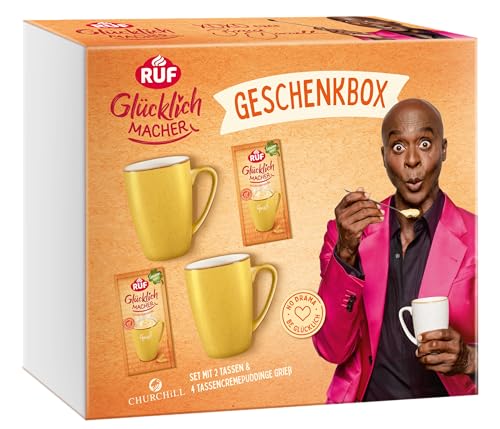 RUF Glücklichmacher Geschenkbox, 2 gelbe Tassen & 4 Grieß Creme-Puddinge, Geschenk-Set, schnelles Dessert, Geschenk-Idee für Erwachsene & Kinder von RUF
