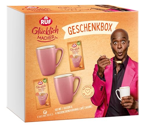 RUF Glücklichmacher Geschenkbox, 2 rosa Tassen & 4 Café Caramel Creme-Puddinge, Geschenk-Set, schnelles Dessert, Geschenk-Idee für Erwachsene & Kinder von RUF