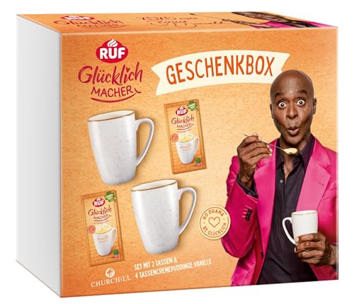 RUF Glücklichmacher Geschenkbox, 2 weiße Tassen & 4 Vanille Creme-Puddinge, Geschenk-Set, schnelles Dessert, Geschenk-Idee für Erwachsene & Kinder von RUF