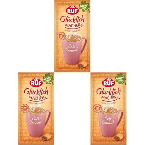 RUF Glücklichmacher Tassenpudding Café Caramel, Cremepudding für schnelle Desserts, Tassencremepudding, nur Wasser hinzufügen, 1 x 59g Beutel (Packung mit 3) von RUF