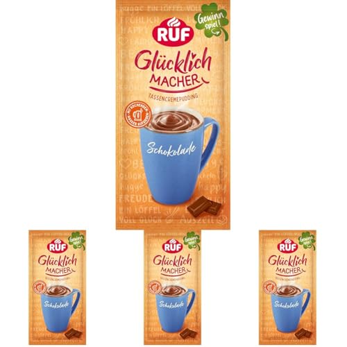 RUF Glücklichmacher Tassenpudding Schokolade, Cremepudding für schnelle Desserts, Tassencremepudding, nur Wasser hinzufügen, 1 x 59g Beutel (Packung mit 4) von RUF