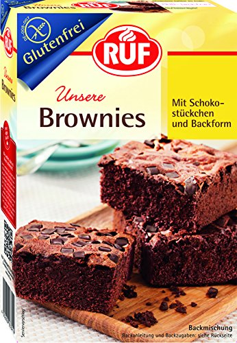 RUF Glutenfreie Schoko-Brownies mit Schokostücken und Backform, saftiger American Chocolate Brownies Genuss bei Zöliakie, glutenfrei und vegan, 8er Pack (8x420 g) von RUF